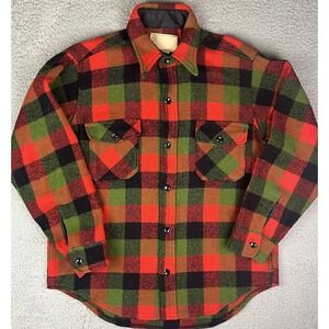Vintage 60s Melton Wool Plaid Flannel Shirt Shacket Lumberjack Red Green Button